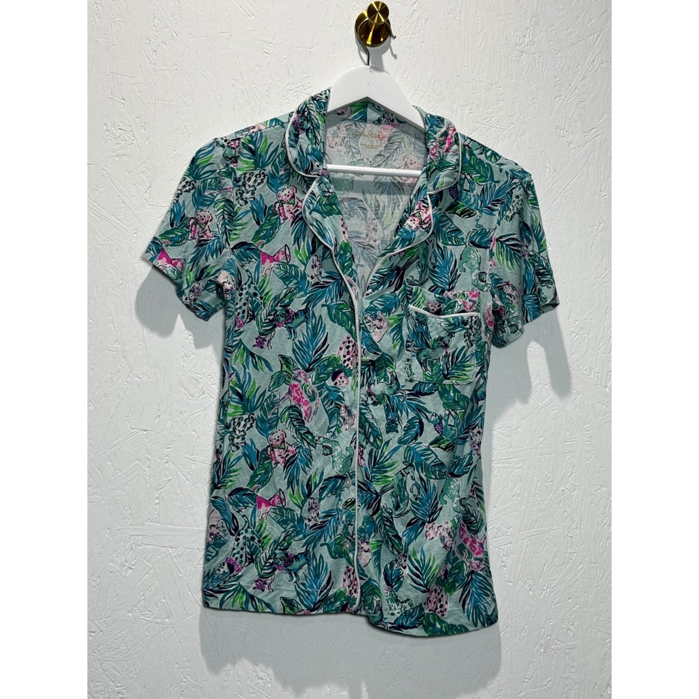 Lilly Pulitzer Tropical Leopard Print Pajama Top Short‎ Sleeve Button Front Mint